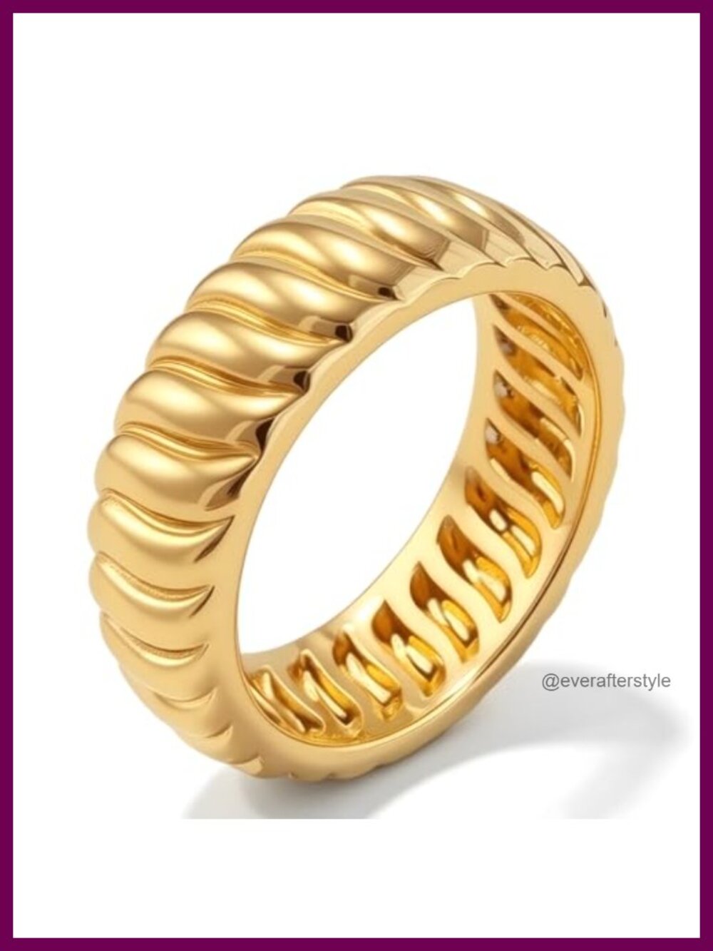 14K Gold Plated Twisted Ribbed Dome Wide Band Ring for Women